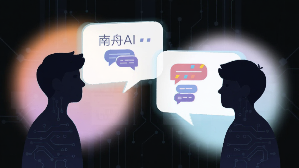 画面主体为两个人物剪影隔着发光对话框交流,对话框内显示“南舟AI”字样与聊天气泡,布局采用左右分布,风格为扁平插画,细节上加入电路纹理与渐变光晕,画质清晰,干净,无多余元素