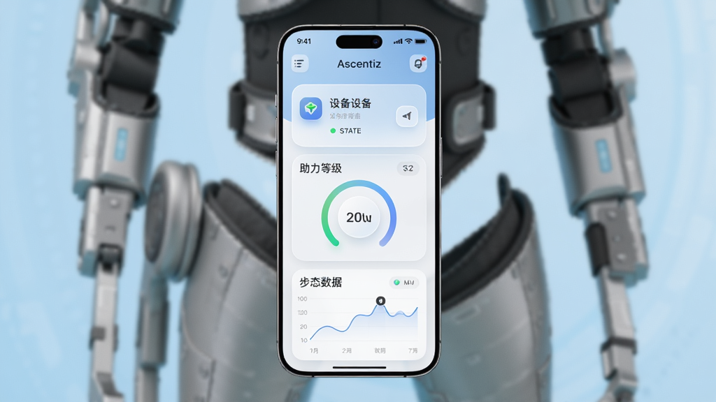�����������һ�������ֻ�����Ļ����ʾ Ascentiz Ӧ�������棬��������豸����״̬��Ƭ�������ȼ����ε��ڿؼ��Ͳ�̬��������ͼ���ֻ����黯չʾһ������ɫ������豸������Ϊǳ������Ƽ���񣬲��ֲ��þ��й�ͼ���Ű������������Ϊ�ִ���ƽ�� UI ��ƣ�ϸ�ڰ���Բ��ͼ�ꡢ�����Ӱ�Ͱ�͸��������̬��Ƭ������ 4K ���壬�ɾ����޶���Ԫ��