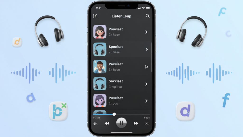 һ��չʾ ListenLeap ����������������ֻ���ͼ���ͼƬ������������һ���ִ������ֻ�����Ļ��ʾ���Ͳ����б�������������������Ϊ��͵�ǳ��ɫ���䣬��ΧƯ���Ŷ�����������Ӣ����ĸ��ͼ��Ԫ�أ���������죬�Ű���У����������ɾ����޶���Ԫ��