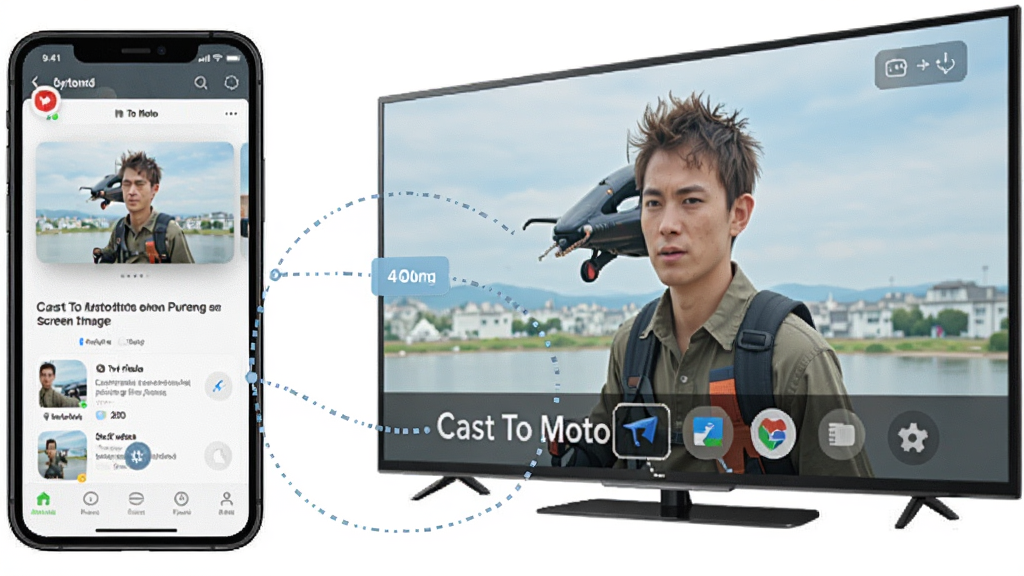 һ�ű��� Cast To Moto ��Ļ�����ܵ�ʾ��ͼ���ֻ������е�����ʵʱͬ�������Ӵ����ϣ��������ֻ������֮�������߱�ʾ����ͬ������������죬ϸ�ڰ����ֻ�����͵��ӽ�������һ�£����������ɾ�
