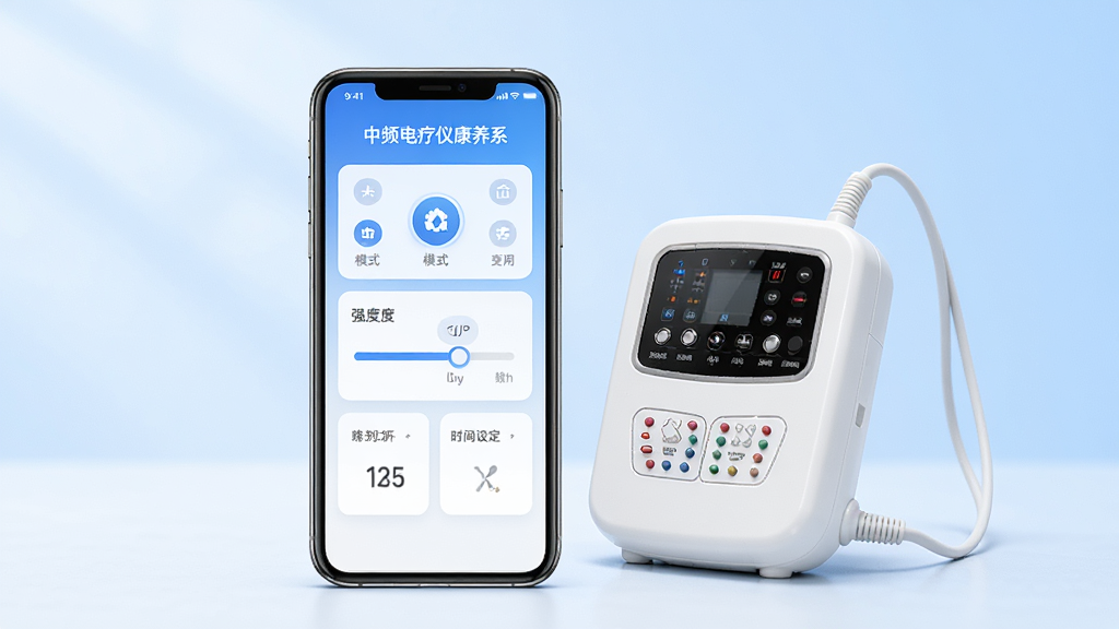 画面中央展示一部智能手机,屏幕上显示“中频电疗仪康养系”应用主界面,界面包含模式选择、强度调节、时间设定等卡片式布局,手机旁边放置一台白色中频电疗仪设备,背景为浅蓝色渐变,整体风格简洁科技感,排版干净,细节清晰,画质高清,无多余元素
