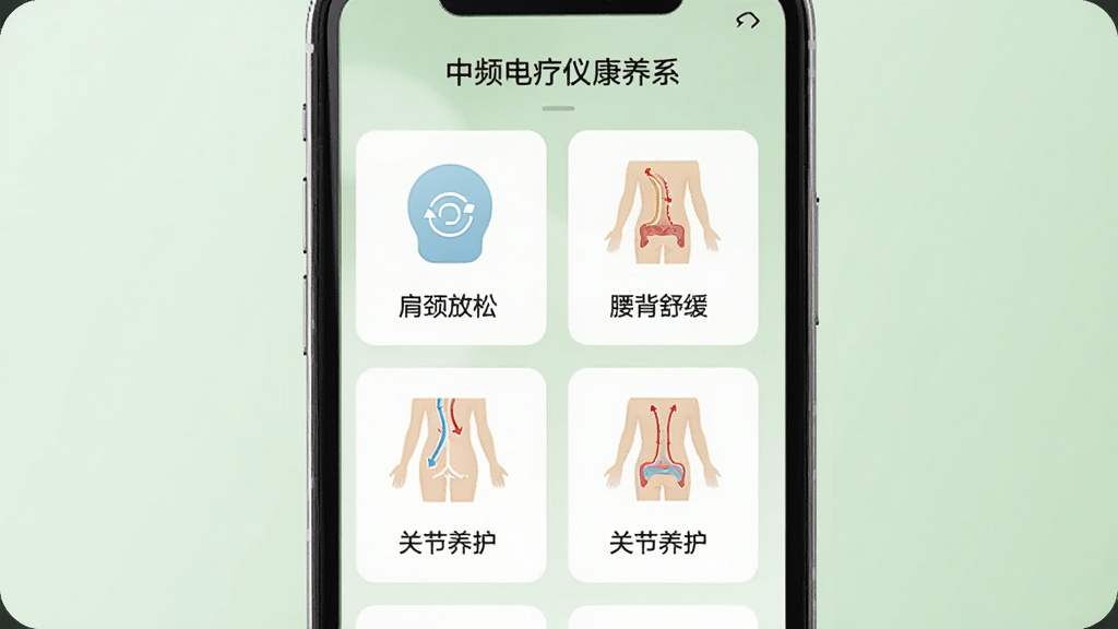 手机屏幕展示“中频电疗仪康养系”模式选择页面,页面上排列着肩颈放松、腰背舒缓、关节养护等多个图标卡片,每个卡片配有简洁的人体部位示意图,背景为柔和的浅绿色,排版整齐,风格清新,画质高清
