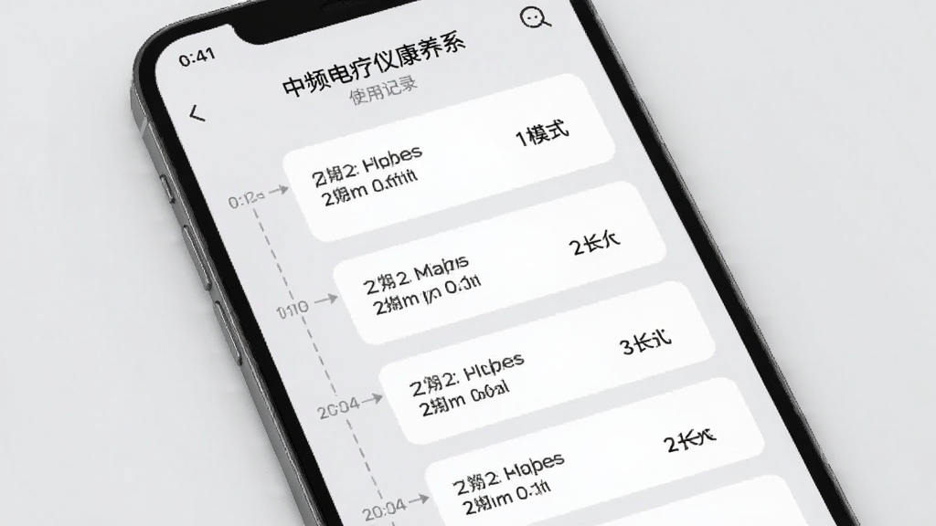 手机屏幕展示“中频电疗仪康养系”使用记录页面,以时间轴形式列出多次理疗记录,每条包含日期、模式和时长,界面采用浅灰色背景与白色卡片,风格素雅,排版清晰,画质细腻