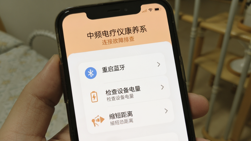 手机屏幕显示“中频电疗仪康养系”连接故障排查页面,包含“重启蓝牙”“检查设备电量”“缩短距离”等步骤提示,界面以白色和浅橙色为主,风格友好,排版清晰,画质干净