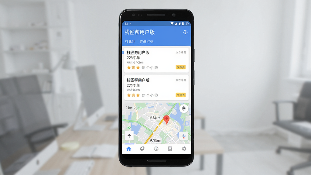一张展示“栈匠帮用户版”手机应用界面的预览图,主体为一部安卓手机,屏幕显示订单列表与地图定位功能,布局为居中构图,风格简洁现代商务风,细节包括顶部状态栏、订单卡片、底部导航栏,画质清晰干净无多余元素