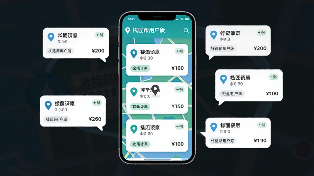 一幅AI生成的“栈匠帮用户版”实时订单推送场景图,主体为手机屏幕展示多个订单卡片并带有地图标记,布局为手机居中、周围环绕订单气泡,风格科技感扁平化,细节包括定位图标、时间标签、价格标签,画质高清干净无多余元素