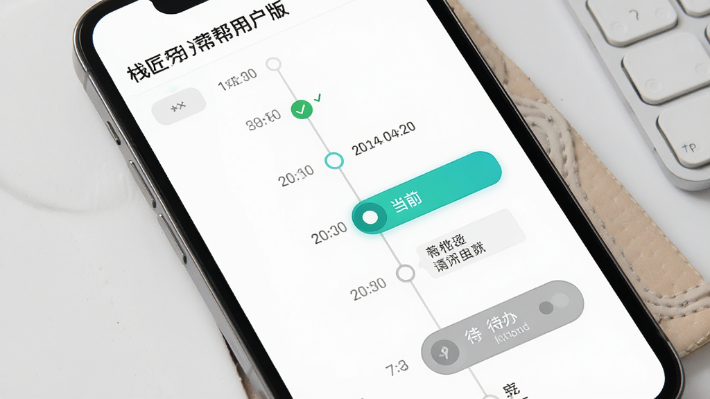 一幅展示“栈匠帮用户版”任务进度管理界面的图片,主体为手机屏幕显示时间轴与状态切换按钮,布局为纵向时间轴居中,风格简约清爽,细节包括已完成节点打勾、当前节点高亮、待办节点灰色,画质清晰干净无多余元素