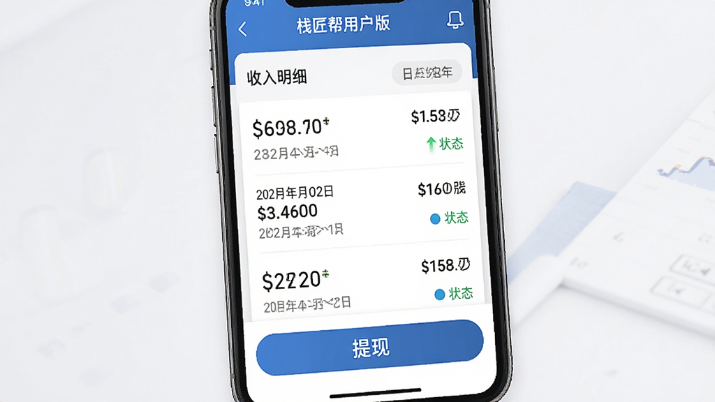 一幅AI生成的“栈匠帮用户版”收入明细与提现界面图,主体为手机屏幕展示账单列表与提现按钮,布局为上下结构、账单在上提现在下,风格金融类应用常见的稳重蓝白配色,细节包括金额数字、日期标签、状态标识,画质清晰干净无多余元素