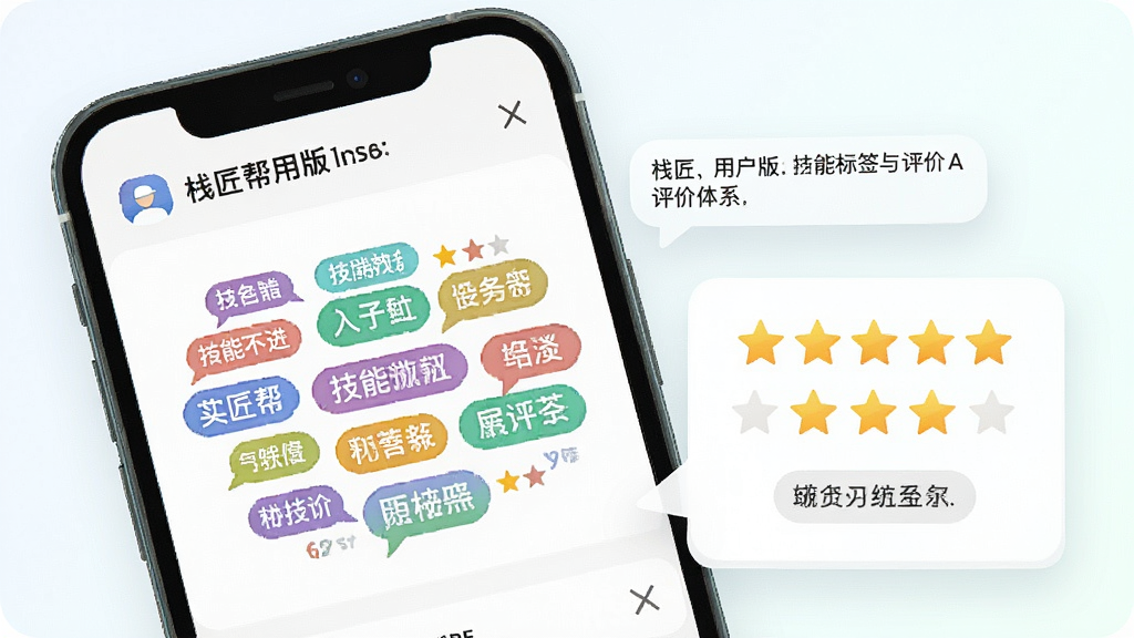 一幅展示“栈匠帮用户版”技能标签与评价体系的图片,主体为手机屏幕显示技能标签选择界面与五星评分,布局为标签云加评分卡片,风格清新明快,细节包括彩色标签、星级图标、评价文字气泡,画质清晰干净无多余元素