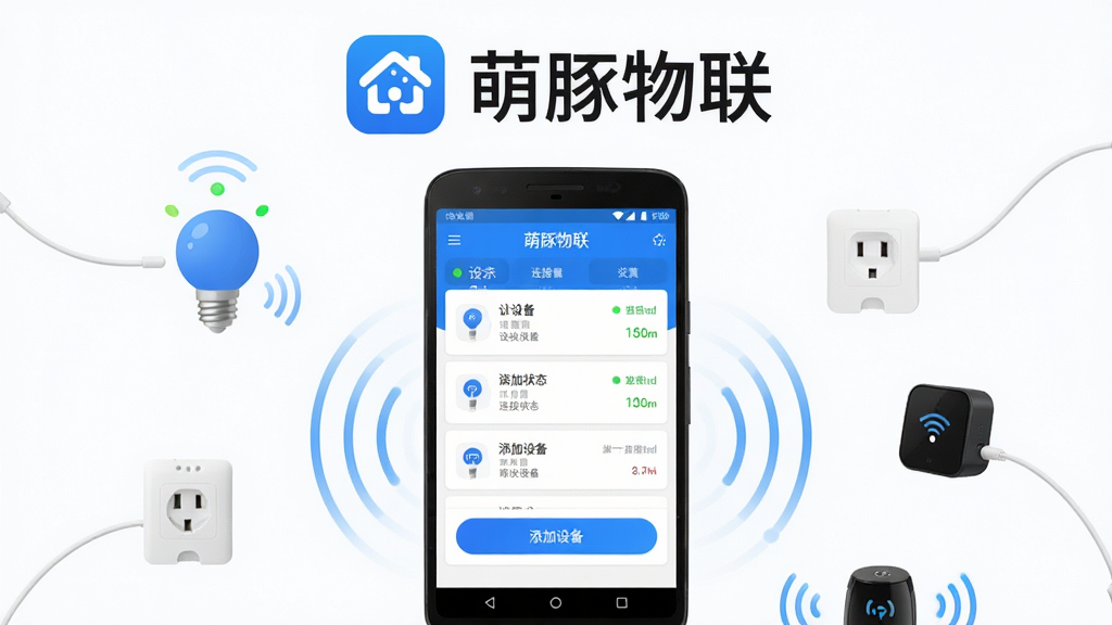 软件名称“萌豚物联”核心全貌展示图。主体为一部安卓手机屏幕中显示萌豚物联APP主界面,界面包含设备列表、连接状态指示灯、添加设备按钮等元素。布局为手机居中放置,周围环绕智能灯泡、智能插座、随身WiFi等物联网设备图标。排版采用上下结构,上方为软件Logo与名称“萌豚物联”,下方为功能模块展示。风格为现代科技感扁平化设计,色调以蓝色和白色为主。细节包括设备连接波纹动画、信号强度标识。画质高清,干净,无多余元素。