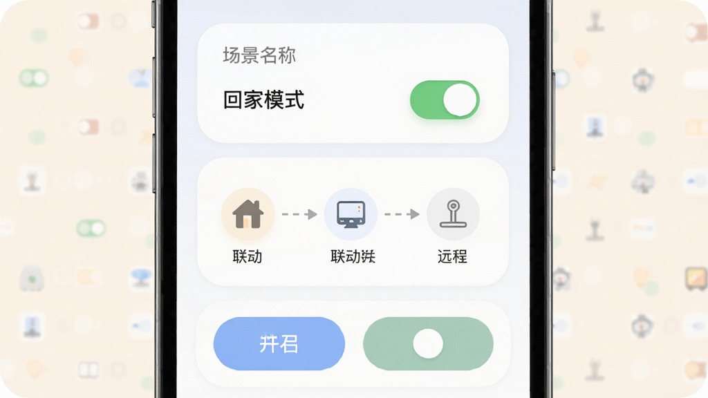 软件名称“萌豚物联”远程控制与场景联动功能图。主体为手机屏幕显示场景卡片列表与远程开关按钮。布局为上方场景名称“回家模式”,中部设备图标联动箭头,下方控制按钮。排版为卡片式布局。风格为柔和圆角设计,浅色背景。细节包括开关状态、联动虚线、设备小图标。画质高清,干净,无多余元素。