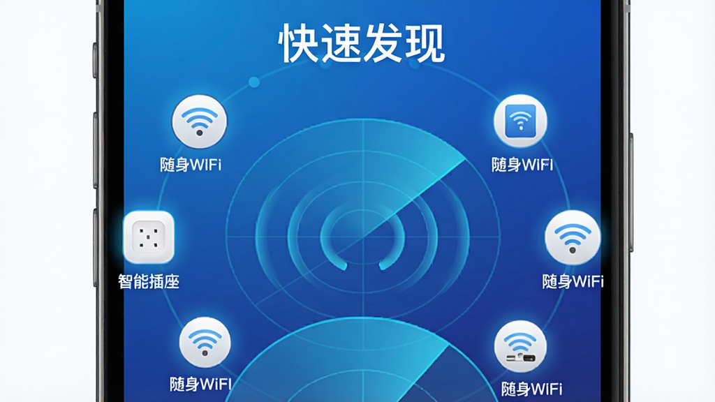 软件名称“萌豚物联”设备快速发现功能展示图。主体为手机屏幕特写,显示设备扫描雷达动画与多个设备图标浮现。布局为雷达图居中,设备图标环绕分布。排版为上方标题“快速发现”,下方雷达扫描区域。风格为科技蓝渐变风格。细节包括扫描波纹、设备名称标签“智能插座”“随身WiFi”。画质高清,干净,无多余元素。