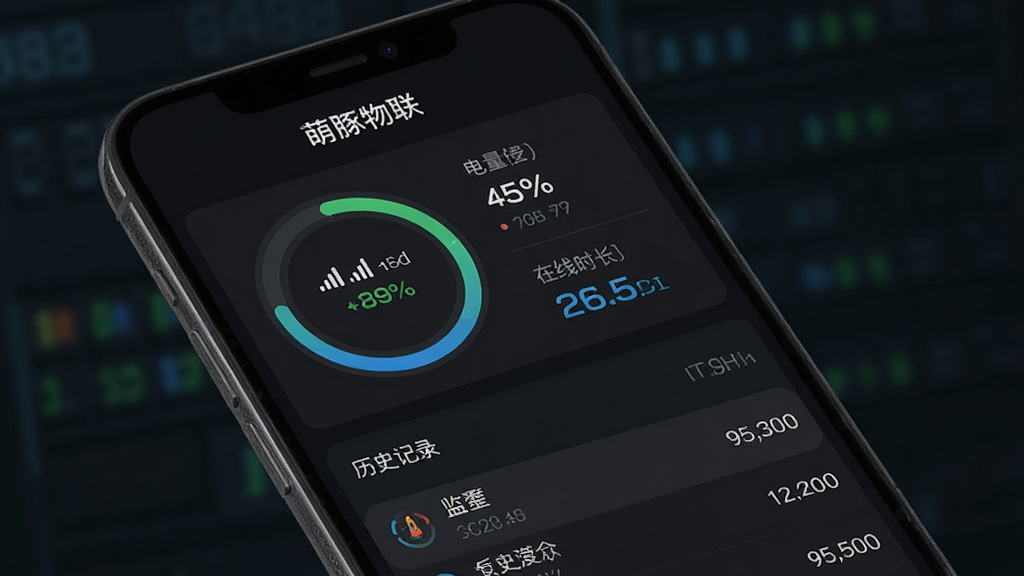 软件名称“萌豚物联”实时状态监控界面图。主体为手机屏幕显示设备状态仪表盘。布局为上方设备名称,中部环形进度条与数据指标,下方为历史记录列表。排版清晰分层。风格为深色模式仪表盘风格。细节包括信号格、电量百分比、在线时长数字。画质高清,干净,无多余元素。