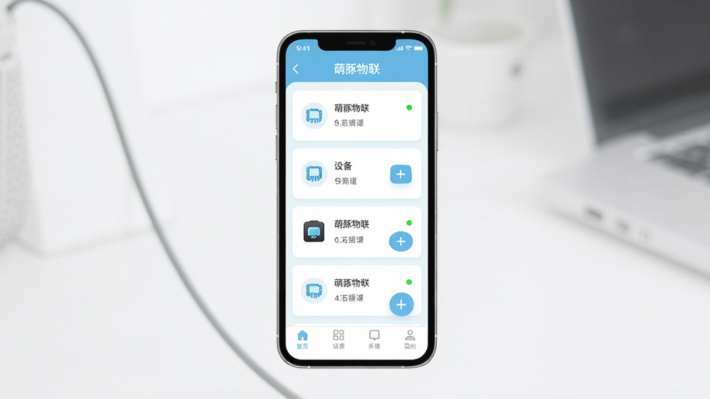 软件名称“萌豚物联”简洁管理界面展示图。主体为手机屏幕显示APP主界面。布局为顶部标题栏,中部设备卡片列表,底部导航栏。排版整洁有序。风格为清新浅色极简风格。细节包括设备图标、状态圆点、添加按钮。画质高清,干净,无多余元素。
