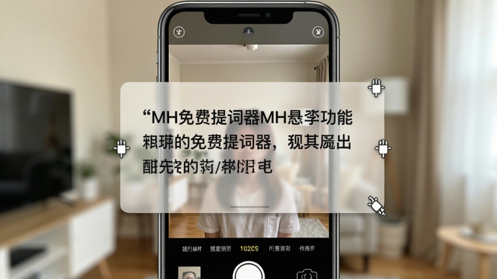 免费提词器MH悬浮窗功能展示图,手机屏幕上同时显示相机拍摄画面和半透明提词悬浮窗,悬浮窗内文字清晰可见,悬浮窗边缘有拖拽图标,背景为室内拍摄环境,光线柔和,画质干净,无多余元素