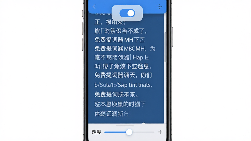 免费提词器MH软件主界面截图,画面中央显示正在滚动的提词文本,顶部有悬浮窗开关按钮,底部有速度调节滑块,整体风格简洁清爽,蓝色主色调,手机竖屏展示,画质清晰,干净无多余元素