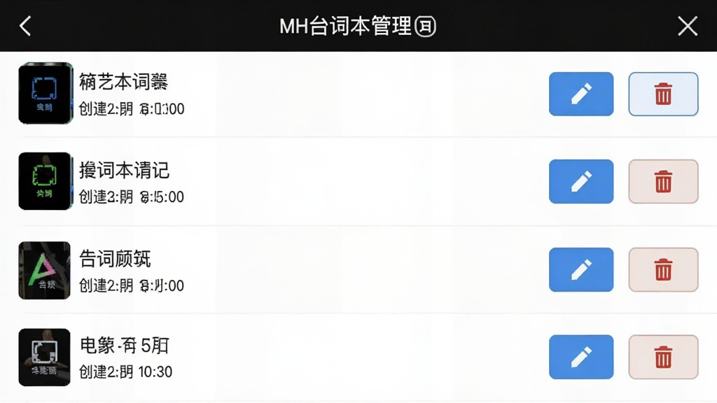 免费提词器MH台词本管理界面截图,展示多个已保存的台词本列表,每个台词本有独立名称和创建时间,右侧有编辑和删除按钮,界面整洁,浅色背景,手机竖屏展示,画质清晰,无多余元素