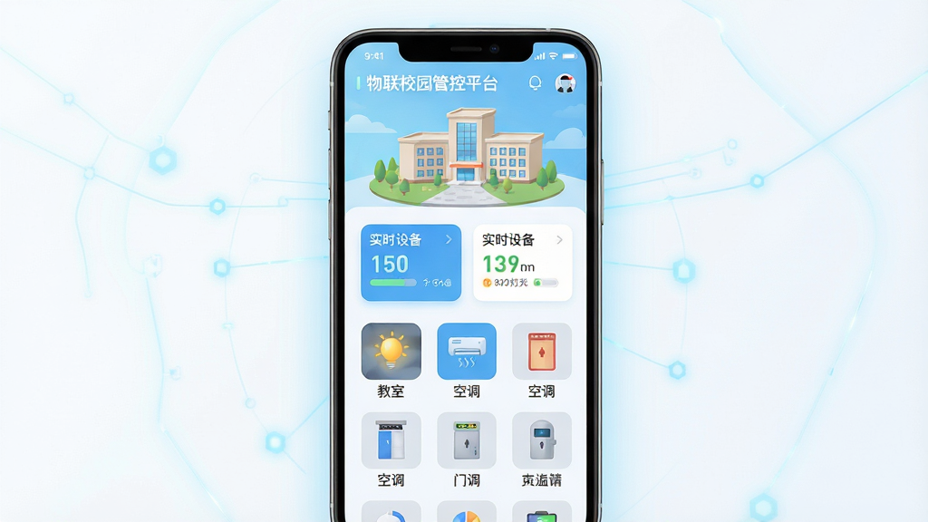物联校园软件主界面全貌展示,画面中央为手机屏幕,屏幕内呈现智慧校园管控平台首页,上方有校园建筑插画与实时设备状态卡片,下方有教室灯光、空调、门禁等图标整齐排列,整体布局清晰对称,风格为现代扁平化科技风,细节上带有淡蓝色光效与圆角卡片,画质高清,画面干净,无多余元素,屏幕内文字显示“物联校园”