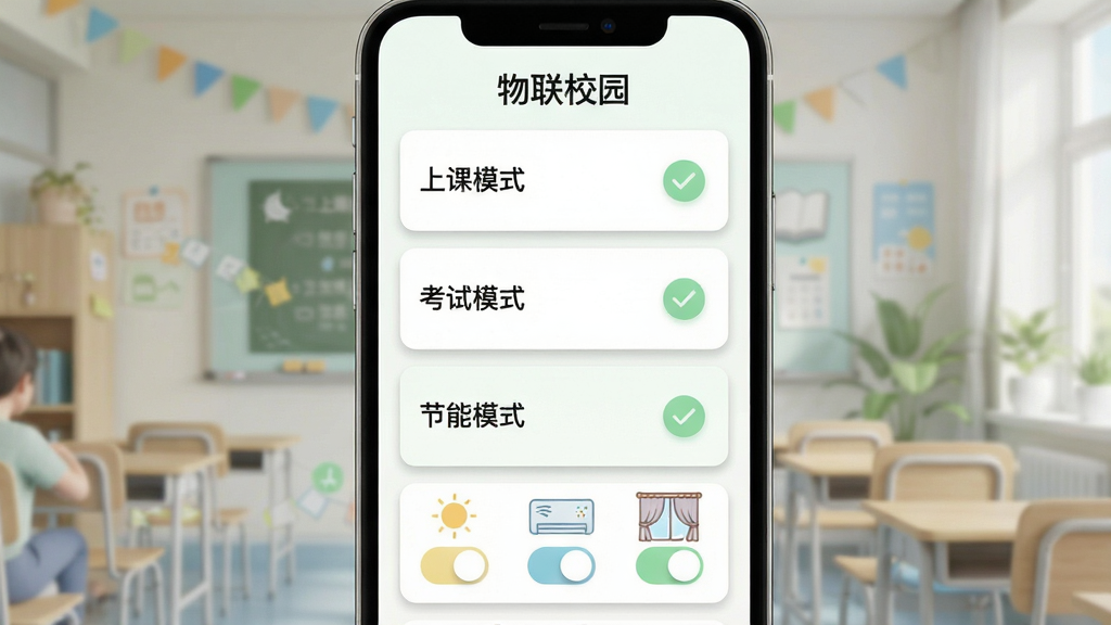 物联校园场景策略联动功能示意图,画面以手机界面形式呈现,屏幕中显示“上课模式”“考试模式”“节能模式”等场景卡片,卡片下方有灯光、空调、窗帘的联动开关图示,布局为纵向列表排版,风格为清新浅色系,细节上卡片带有柔和阴影与淡绿色勾选标记,画质清晰,画面干净,手机上方文字显示“物联校园”