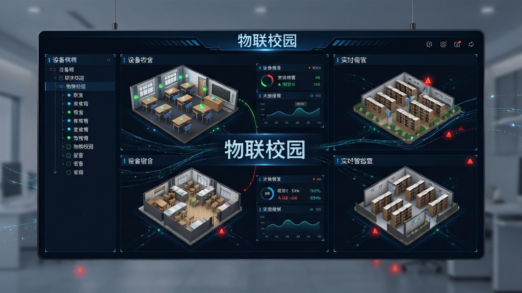 物联校园全域设备统管功能展示图,主体为一块悬浮的数字化大屏,屏幕上分区显示教室、宿舍、图书馆等建筑的三维模型,模型旁有设备状态光点与数据面板,布局采用左右分栏结构,左侧为设备树列表,右侧为实时监控画面,风格为深色科技感数据可视化,细节上有流动的数据线条与闪烁的告警红点,画质超清,画面干净整洁,屏幕中央文字标注“物联校园”