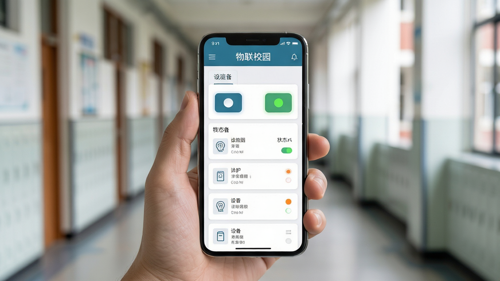 物联校园移动端远程管控场景图,主体为一只手握持智能手机,手机屏幕显示校园设备远程控制界面,有开关按钮与状态指示灯,背景为虚化的校园走廊,布局为居中构图,风格为写实生活化,细节上手机界面清晰可见“物联校园”标题与设备列表,画质高清,画面干净,无杂乱元素