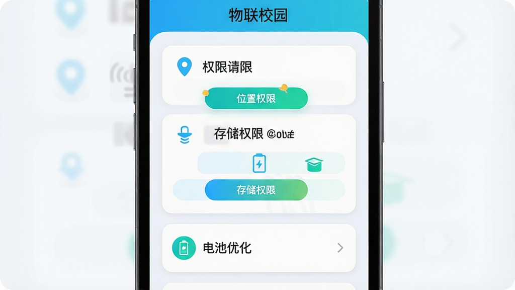 物联校园新手安装设置引导界面图,画面为手机屏幕特写,屏幕内显示权限请求弹窗与设置引导步骤,有“位置权限”“存储权限”“电池优化”等选项,布局为纵向卡片式排列,风格为扁平化浅色系,细节上按钮带有圆角与高亮色块,画质清晰,画面干净,屏幕上方文字“物联校园”