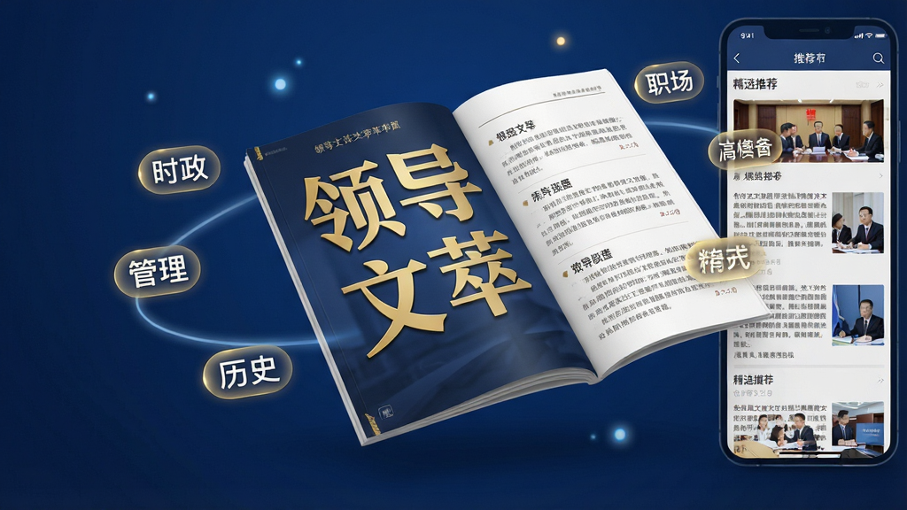 领导文萃App主界面全貌展示,画面中央是一本翻开的电子杂志悬浮在深蓝色背景上,杂志封面印有金色的