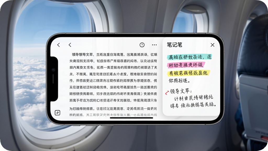 领导文萃App离线阅读与笔记功能展示,画面中一部手机横屏显示文章阅读界面,屏幕左侧是文章正文,右侧悬浮着笔记面板,面板上有彩色高亮标注和手写笔记图标,背景是飞机舷窗外的云层,暗示离线场景,风格清新科技感,画质清晰,干净无多余元素