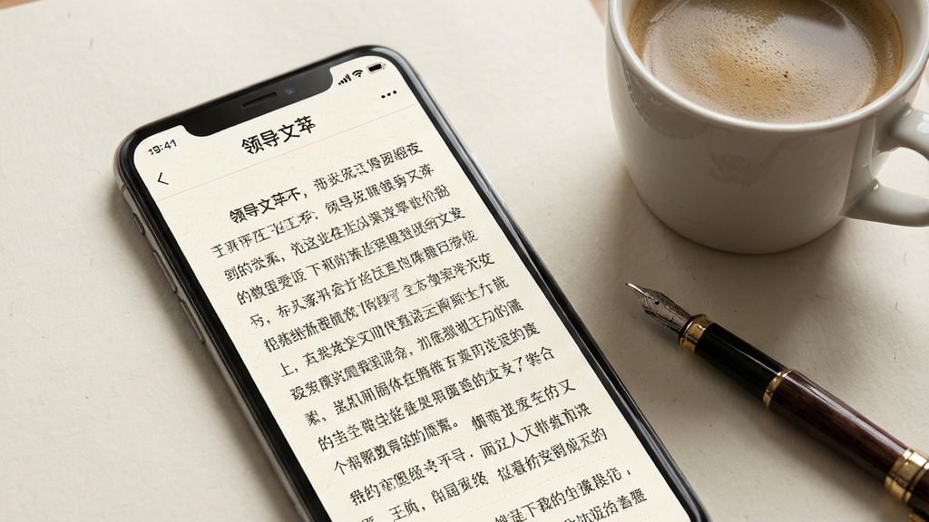 领导文萃App纯净阅读界面,画面中一部手机显示全屏文章阅读页,页面只有文字和简洁的排版,没有任何广告横幅或弹窗,背景是舒适的米白色纸张纹理,手机旁放着一杯咖啡和一支钢笔,风格安静雅致,画质细腻,干净无多余元素