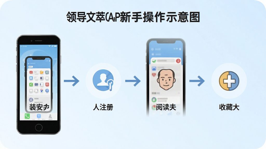领导文萃App新手操作示意图,画面展示一部手机屏幕中分步骤标注安装、注册、阅读、收藏四个操作场景,每个场景用简洁的箭头和图标串联,背景是淡蓝色渐变,风格扁平化教学图示,画质清晰,干净无多余元素
