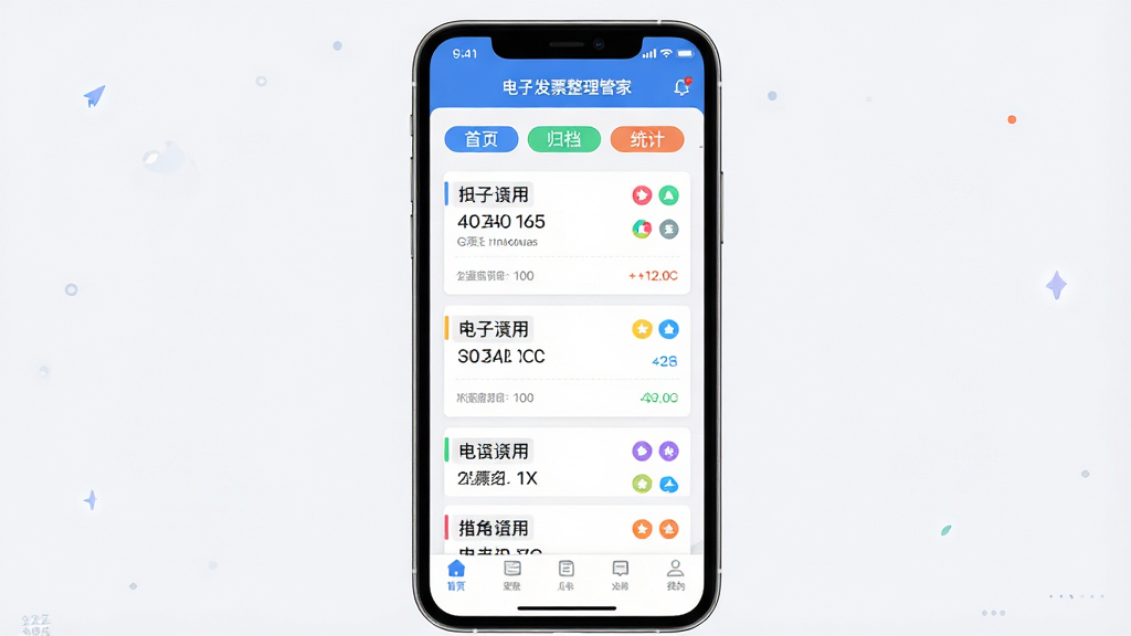 一张展示“电子发票整理管家”手机应用界面的预览图,主体为手机屏幕中呈现的发票列表与分类标签,布局采用居中构图,排版清晰展示首页、归档、统计三大模块,风格为现代简约科技风,细节包括发票卡片、彩色分类图标、底部导航栏,画质高清,干净,无多余元素