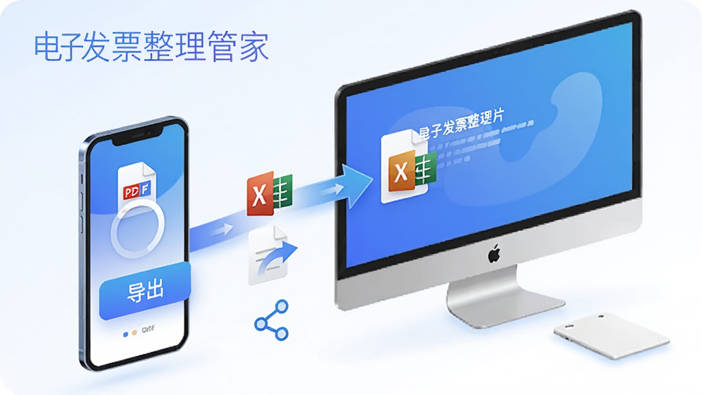 一张AI生成的“电子发票整理管家”导出功能示意图,主体为手机与电脑之间文件传输的抽象画面,布局为对角线构图,排版突出导出按钮与文件格式图标,风格为科技蓝渐变,细节包括PDF、Excel图标、进度环、分享箭头,画质高清,干净,无多余元素