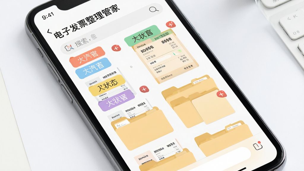 一张展示“电子发票整理管家”分类管理功能的生图,主体为手机屏幕中彩色标签与文件夹网格,布局采用瀑布流排列,排版错落有致,风格为清新浅色系,细节包括发票缩略图、状态角标、搜索框,画质高清,干净,无多余元素