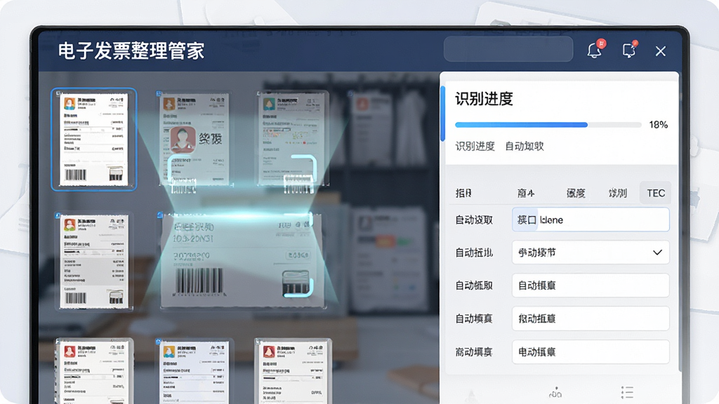 一张AI生成的软件功能展示图,主体为“电子发票整理管家”的智能识别界面,布局为左侧发票缩略图、右侧信息提取面板,排版采用左右分栏,风格为扁平化商务风,细节包括扫描光线、识别进度条、自动填充的表格字段,画质高清,干净,无多余元素