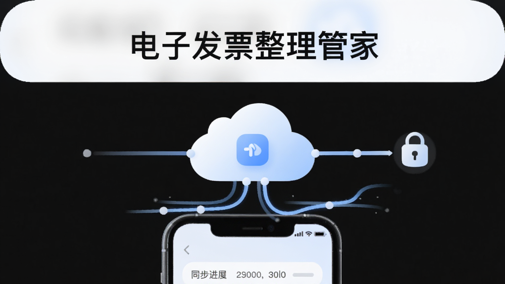 一张展示“电子发票整理管家”云端同步功能的生图,主体为手机与云朵图标连接,布局为上下结构,排版简洁,风格为柔和圆角,细节包括同步进度条、安全锁图标、数据流动线条,画质高清,干净,无多余元素