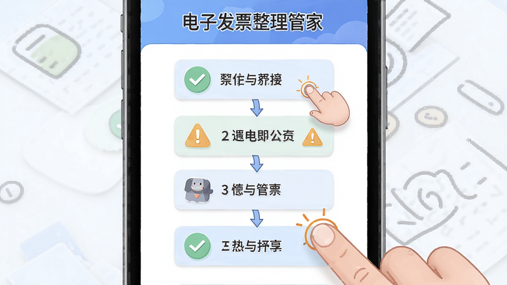 一张展示“电子发票整理管家”新手操作引导页的生图,主体为手机屏幕中分步图示,布局为纵向步骤条,排版清晰,风格为插画风,细节包括手指点击、勾选图标、警告标志,画质高清,干净,无多余元素