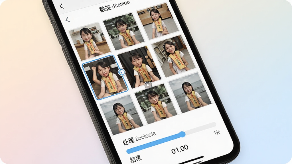 数签签相册导入功能展示,画面中手机屏幕显示相册界面,多张签子照片被选中并导入到数签签软件中,屏幕下方显示处理进度和计数结果,背景为柔和的浅色渐变,风格清新简洁,画质清晰,干净无多余元素