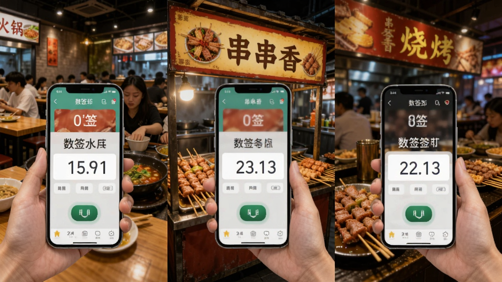 数签签多场景使用展示,画面分为三部分,分别展示火锅店、串串香摊位和烧烤店中使用数签签的场景,每部分都突出手机屏幕上的计数结果,背景为对应的餐饮环境,风格写实生活化,画质明亮,干净无多余元素