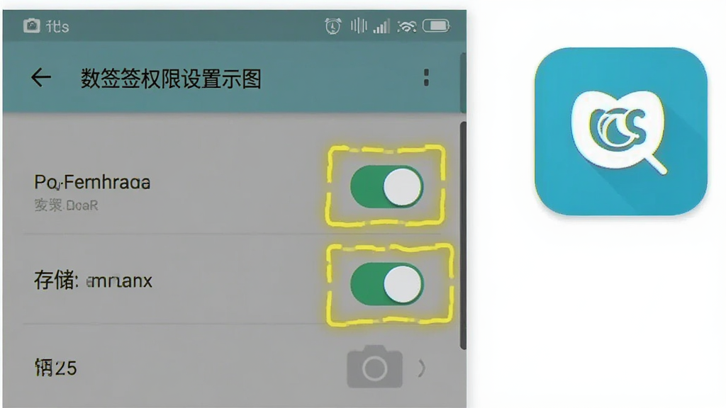 数签签安装权限设置示意图,画面展示安卓手机设置界面中应用权限管理页面,相机和存储权限开关被高亮标注,旁边有数签签图标,风格简洁明快,画质清晰,干净无多余元素