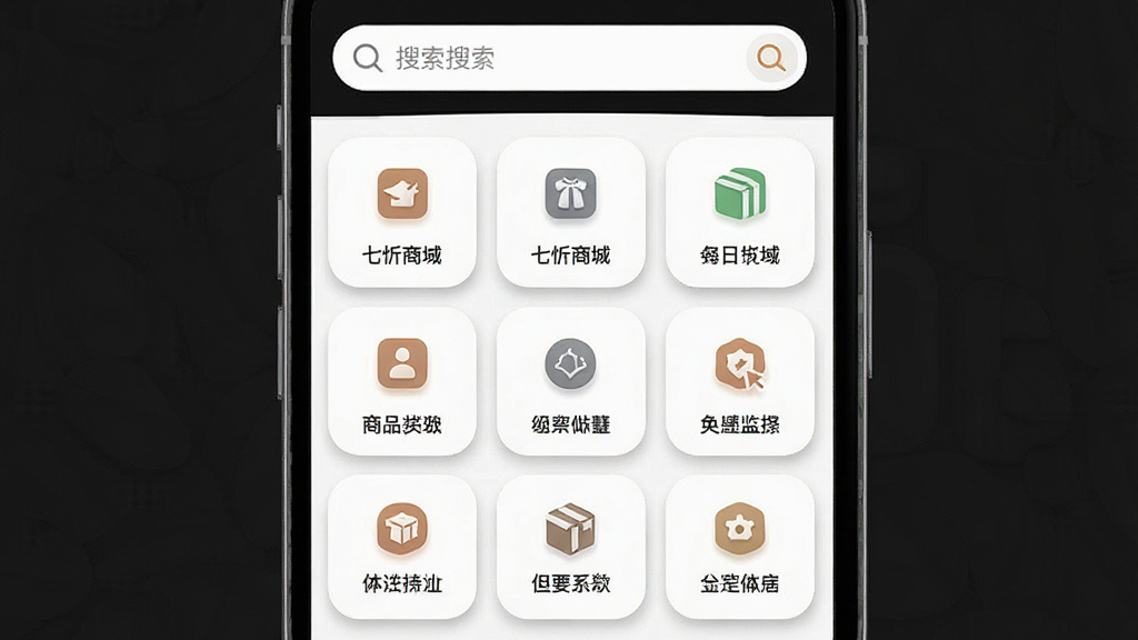 一张展示七忻桐商城商品分类页面的图片,主体为手机界面中的网格状分类图标,布局为上下结构,上方为搜索框,下方为九宫格分类入口,风格为清爽简约的移动端设计,细节包括图标阴影、文字标签、圆角卡片,画质高清,干净整洁,无多余元素。