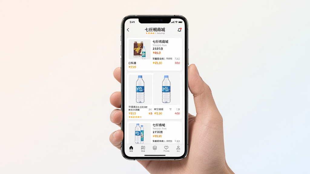 一张手机屏幕展示购物应用界面的图片,主体为手掌中握持的智能手机,屏幕内显示七忻桐商城的商品列表与矿泉水产品卡片,布局为居中构图,背景为浅色渐变,风格为现代扁平化UI展示,细节包括商品缩略图、价格标签、底部导航栏图标,画面干净清晰,画质高清,无多余元素。