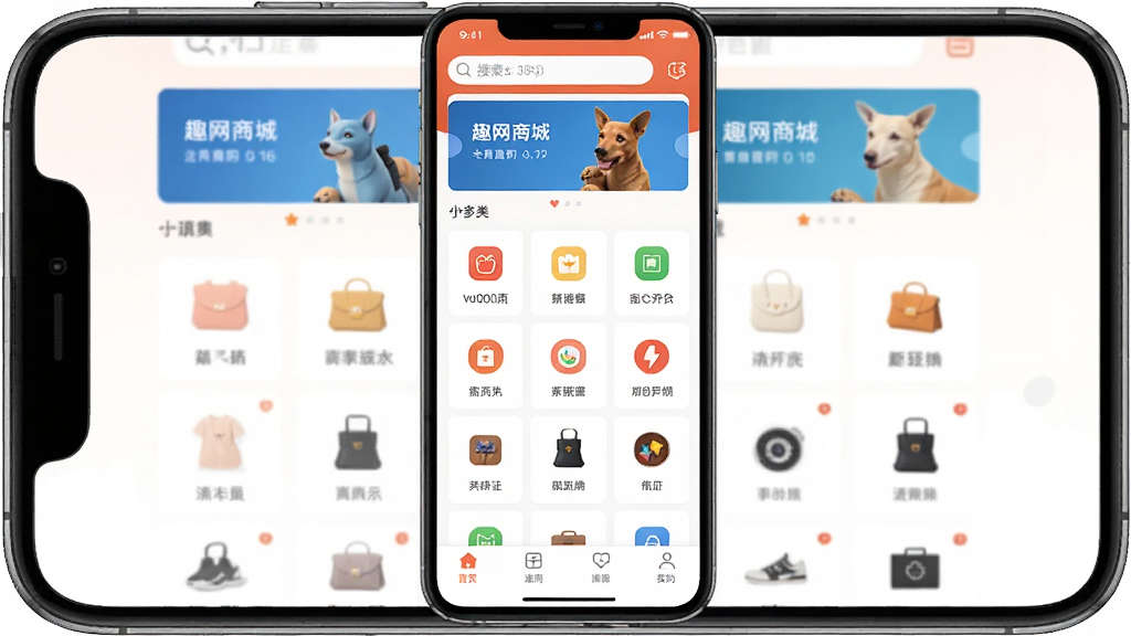 手机屏幕中央显示趣网商城APP界面,顶部有搜索框和轮播图,中间为商品分类图标网格,底部为导航栏,整体布局清晰,风格简洁明快,画质干净,无多余元素