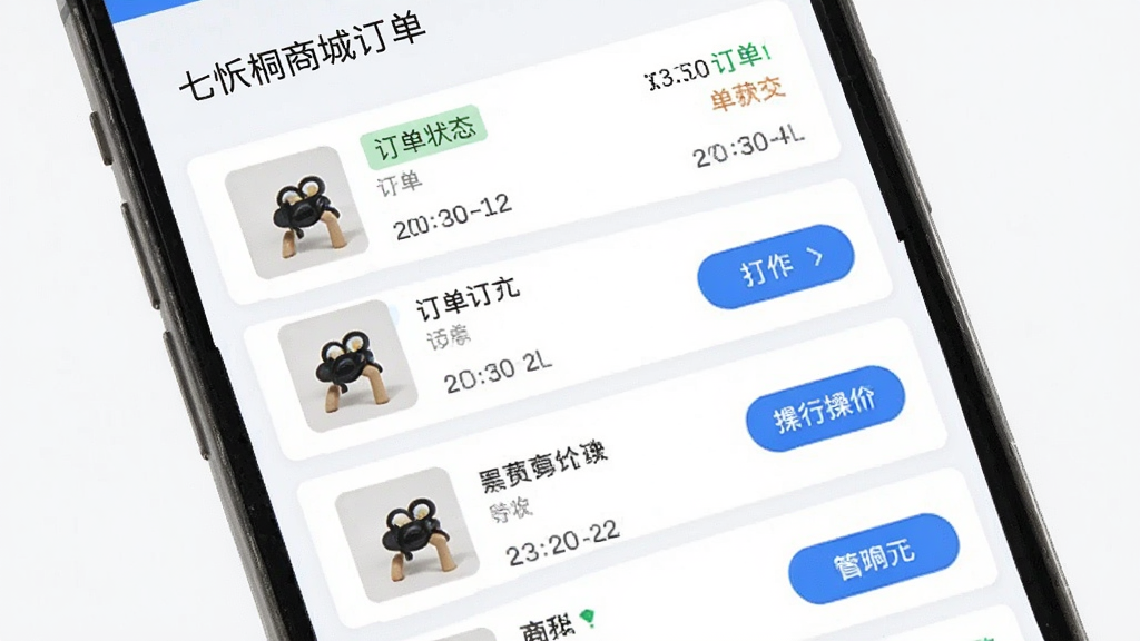 一张展示七忻桐商城订单管理界面的图片,主体为手机屏幕中的订单列表卡片,布局为垂直排列,风格为浅色背景搭配蓝色强调色,细节包括订单状态标签、商品缩略图、时间戳、操作按钮,画质清晰,画面干净,无多余元素。