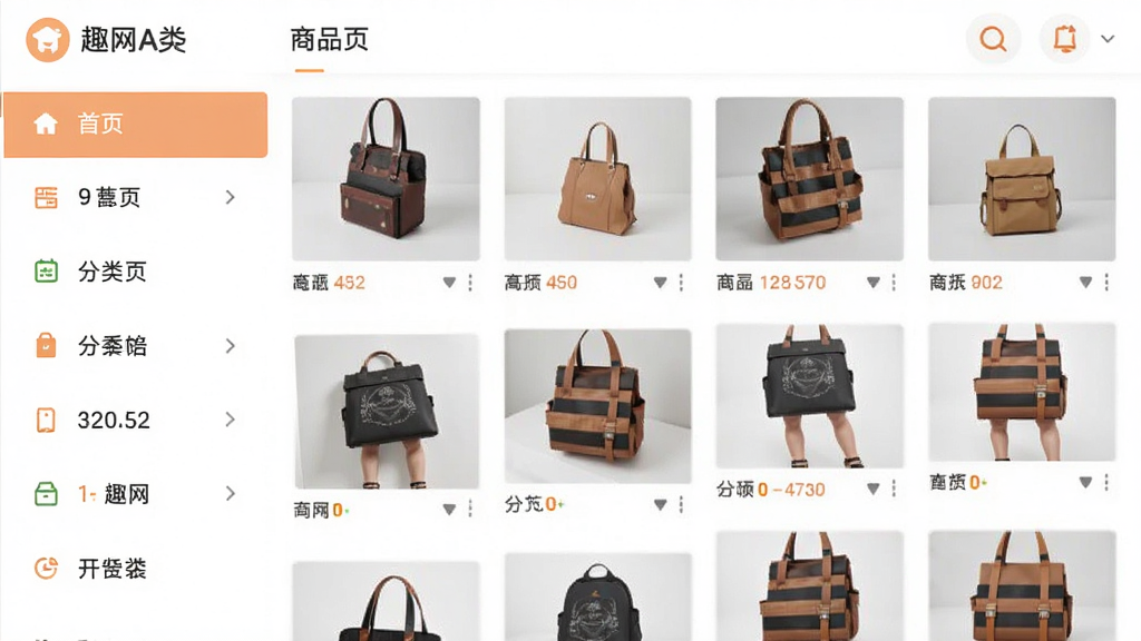 趣网APP商品分类页面截图风格,左侧为垂直分类列表,右侧为对应分类下的商品缩略图网格,界面配色以白色和浅橙色为主,画质清晰,布局规整,无多余元素
