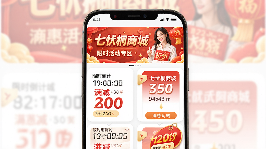 一张展示七忻桐商城优惠活动专区的图片,主体为手机界面中的横幅广告与折扣标签,布局为上下滚动式卡片排列,风格为热闹促销风格,细节包括限时倒计时、满减标签、红色与金色点缀,画质高清,画面干净,无多余元素。