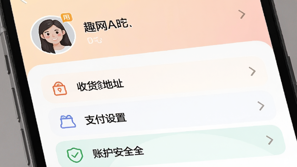 趣网APP个人中心页面,顶部显示用户头像和昵称,下方为收货地址、支付设置、账户安全等选项列表,界面配色柔和,图标简洁,画质清晰,无多余元素