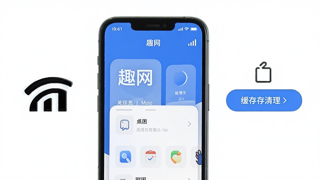 手机屏幕展示趣网APP运行流畅的界面,旁边有网络信号图标和缓存清理按钮示意,整体风格简洁,画质干净,无多余元素