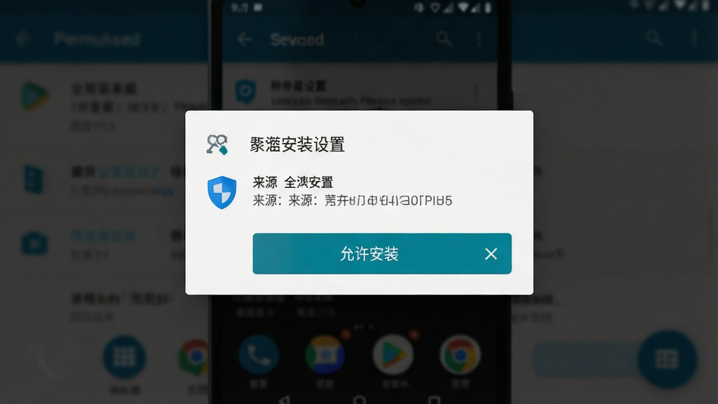 一张展示手机安全安装设置的图片,主体为安卓系统安装界面中的权限提示弹窗,布局为居中弹窗加背景虚化,风格为科技感深色界面,细节包括“允许安装”按钮、来源提示文字、盾牌图标,画质高清,画面干净,无多余元素。