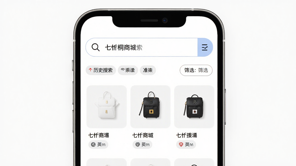 一张展示七忻桐商城搜索功能的图片,主体为手机屏幕中的搜索框与结果列表,布局为顶部搜索栏加下方商品卡片,风格为极简白底设计,细节包括放大镜图标、历史搜索标签、筛选按钮,画质清晰,干净无多余元素。