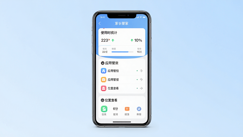 一张展示家长管家软件界面的手机预览图,主体为一台竖屏智能手机,屏幕中显示家长管家应用主界面,包含使用时长统计、应用管控列表、位置查看等模块,布局清晰居中,背景为浅蓝色渐变,风格简约现代,细节上手机边缘有轻微反光,图标圆润,画质高清,干净,无多余元素
